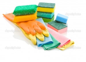 stack of glowes rags and sponges